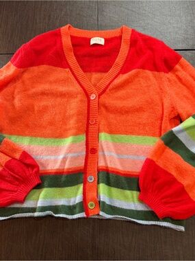 Fate Striped Long Balloon Sleeved V-Neck Cardigan in Red, Orange, Green SZ L